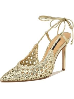 Gold Woven Pointed-Toe Lace-Up Stiletto Heel